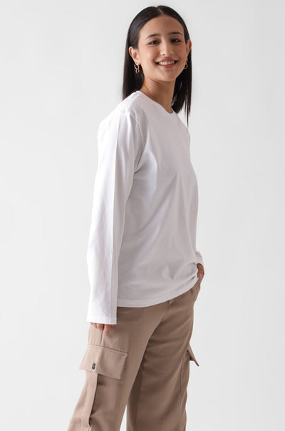 Classic long sleeve white tshirt for women - front view full - unbound crew