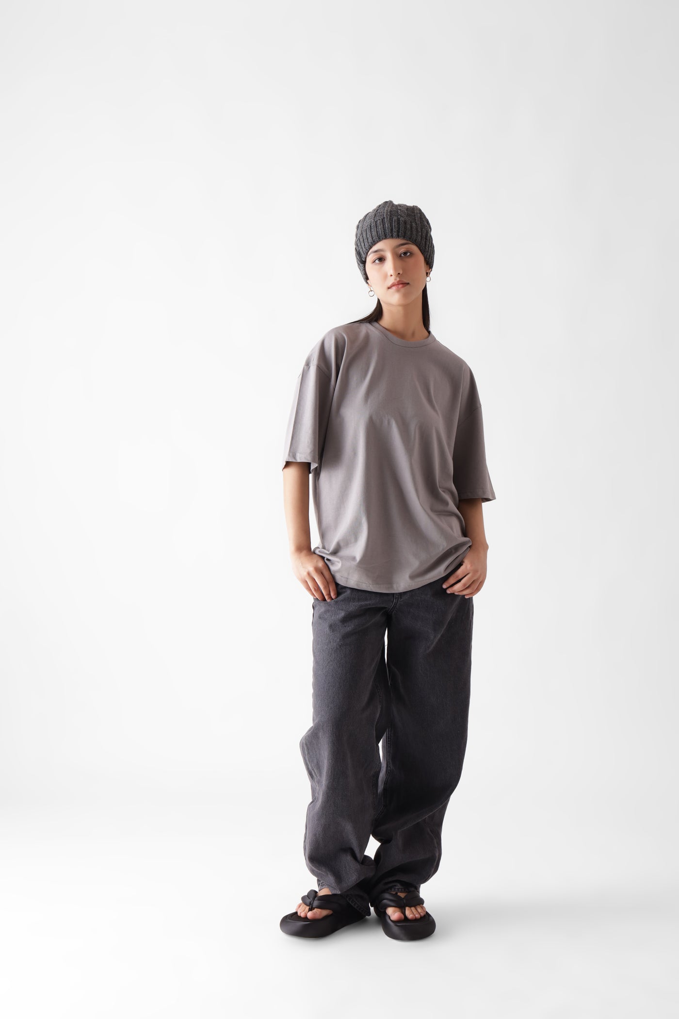 Classic oversized grey tshirt for women - front view full - unbound crew