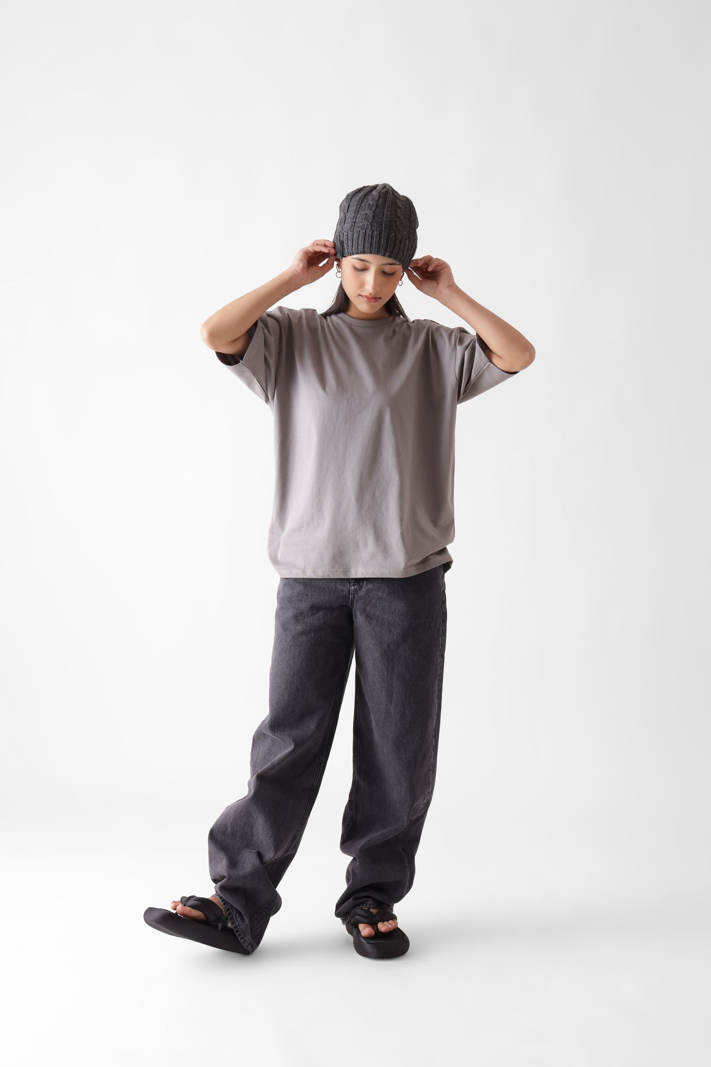 Classic oversized grey tshirt for women - front view full - unbound crew