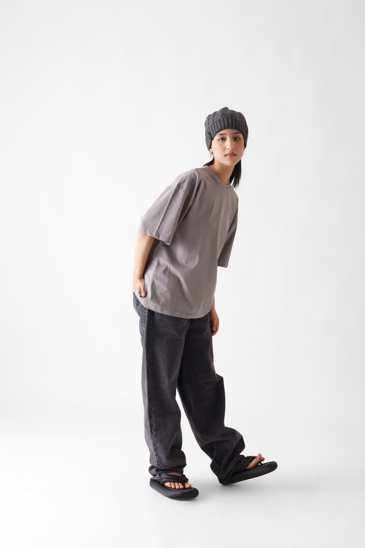 Classic oversized grey tshirt for women - front view full - unbound crew