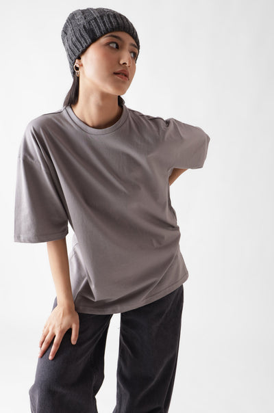 Classic oversized grey tshirt for women - front leaning view full - unbound crew