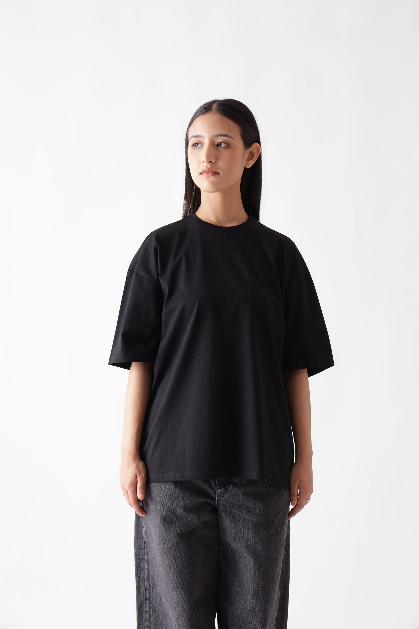 Classic oversized black tshirt for women - front view - unbound crew