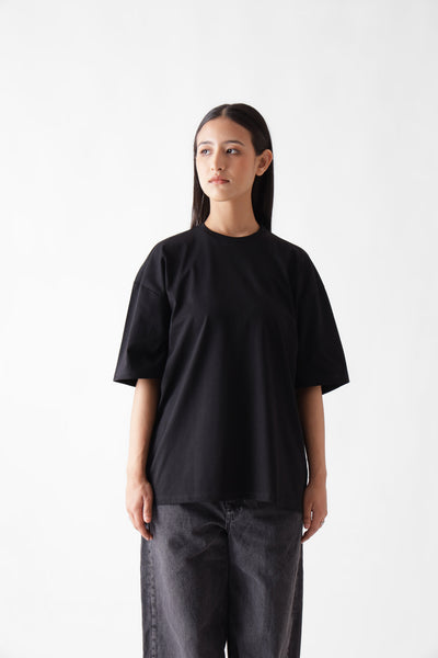 Classic oversized black tshirt for women - front view - unbound crew