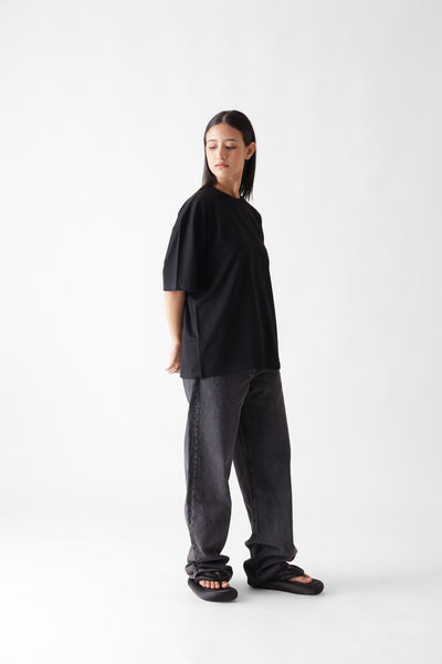 Classic oversized black tshirt for women - side view full - unbound crew