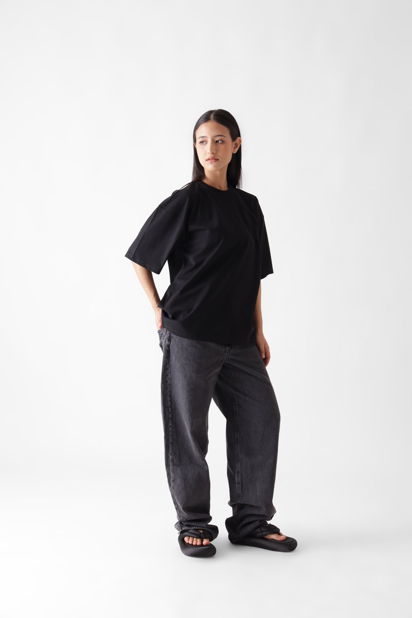 Classic oversized black tshirt for women - front view full - unbound crew