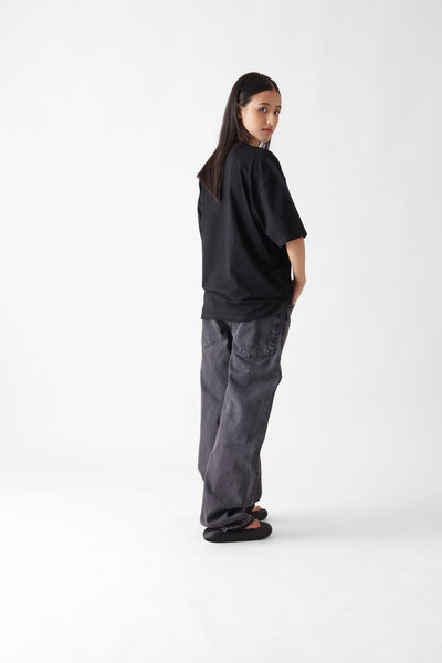 Classic oversized black tshirt for women - back view full - unbound crew