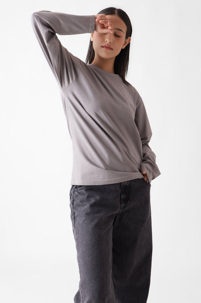 Buy classic long sleeve grey tshirt for women - front view full - unbound crew