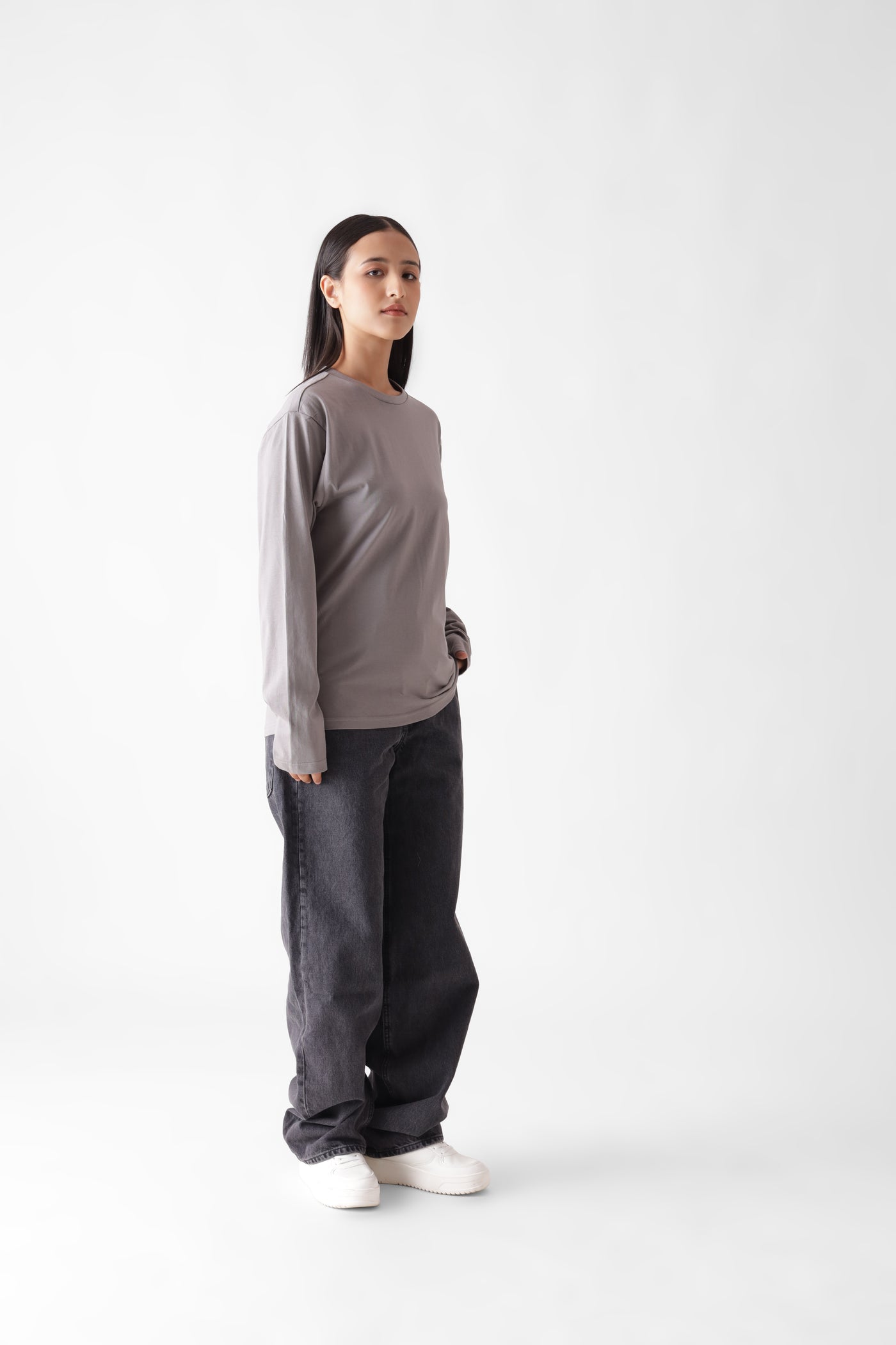 Buy classic long sleeve grey tshirt for women - front view full - unbound crew