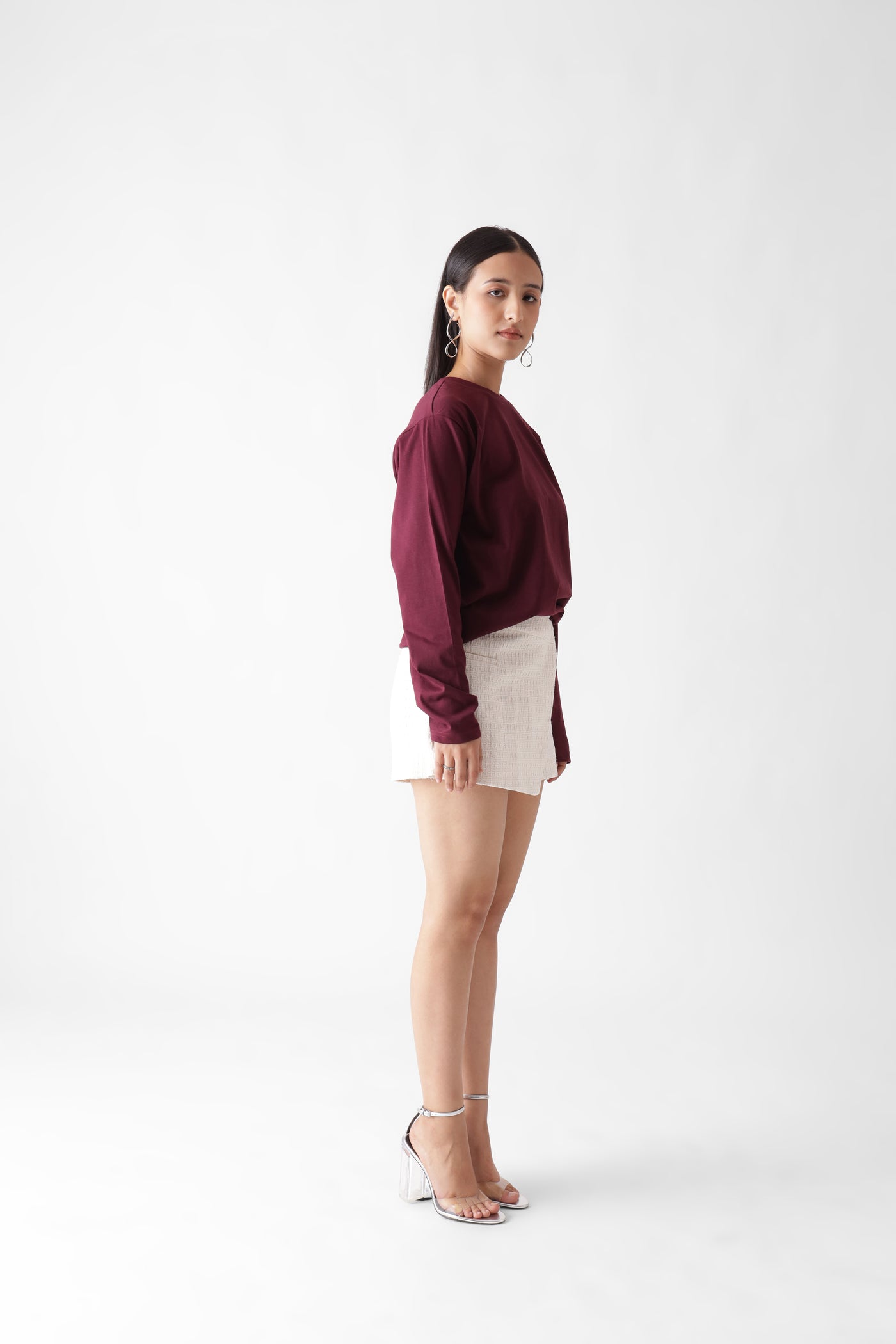 Classic long sleeve wine tshirt for women - side front view - unbound crew