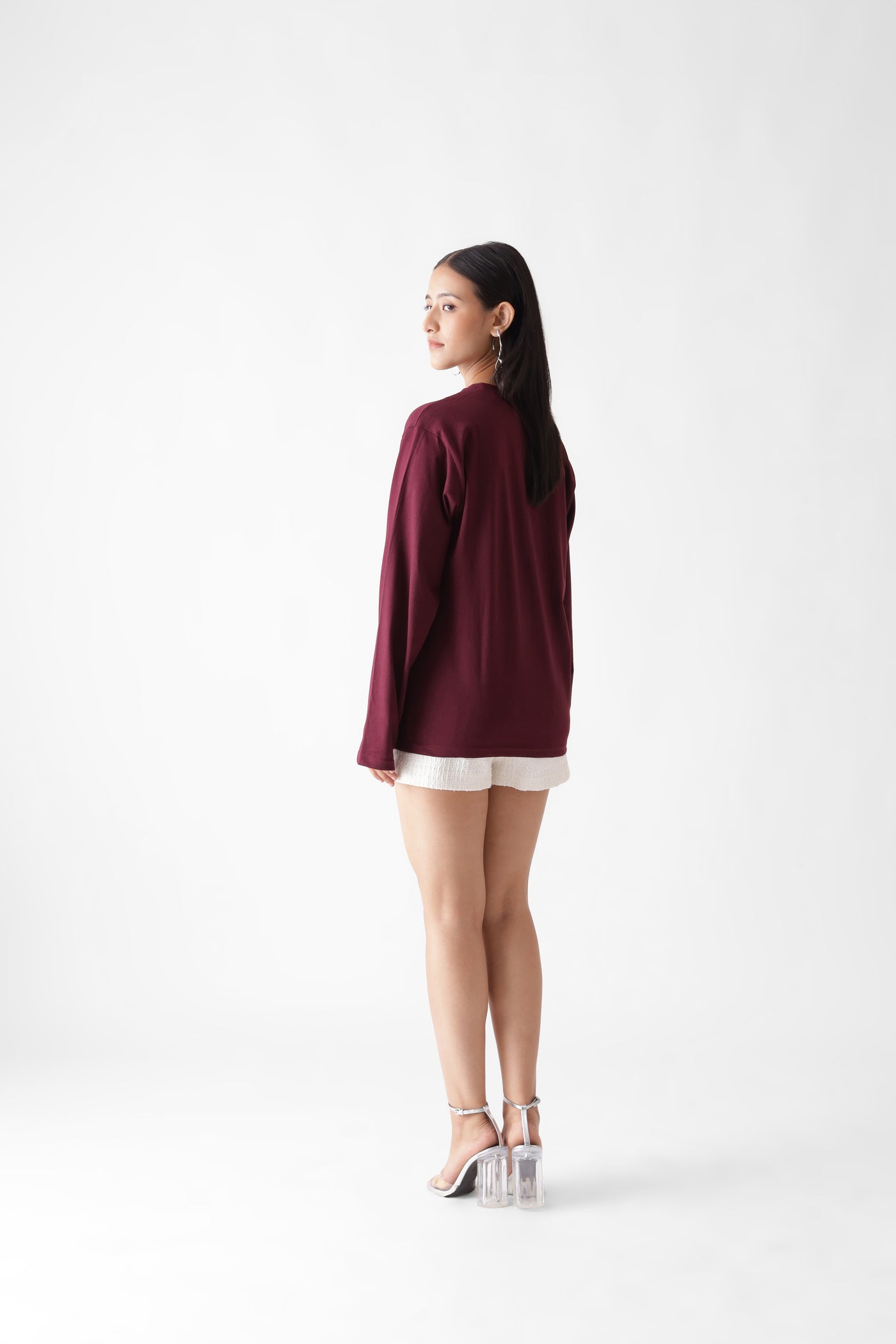 Classic long sleeve wine tshirt for women - back view - unbound crew