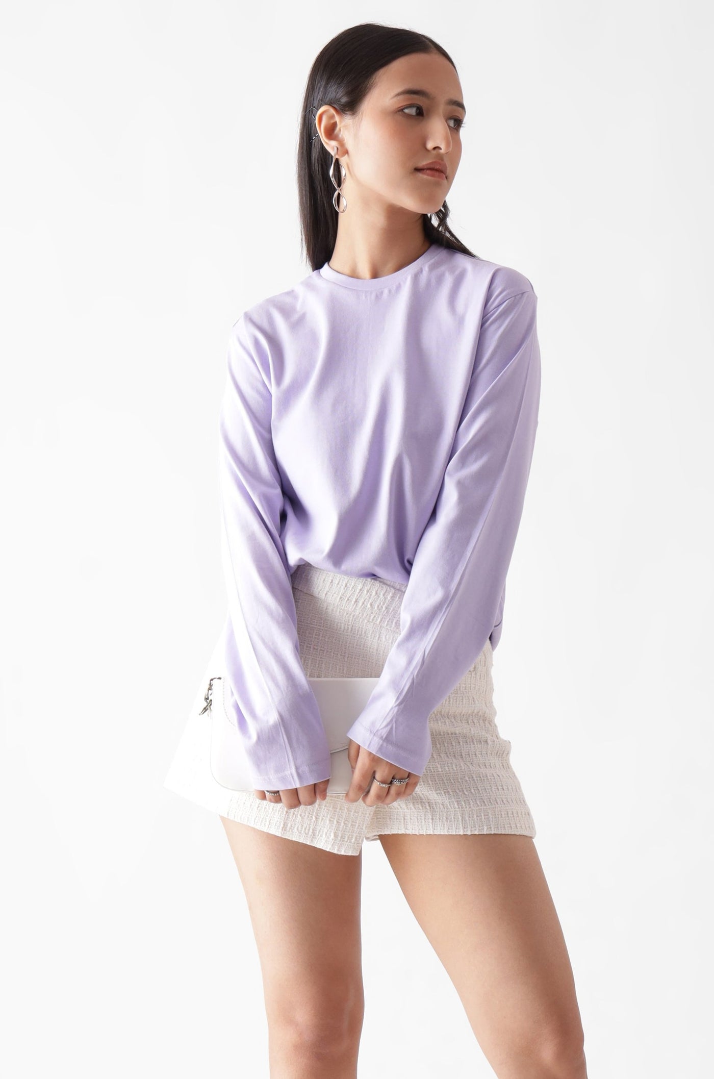 Classic long sleeve lavender tshirt for women - looking sideways front view - unbound crew