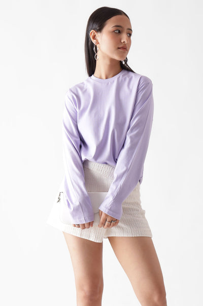 Classic long sleeve lavender tshirt for women - looking sideways front view - unbound crew