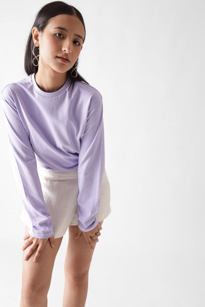 Classic long sleeve lavender tshirt for women - leaning forward front view - unbound crew