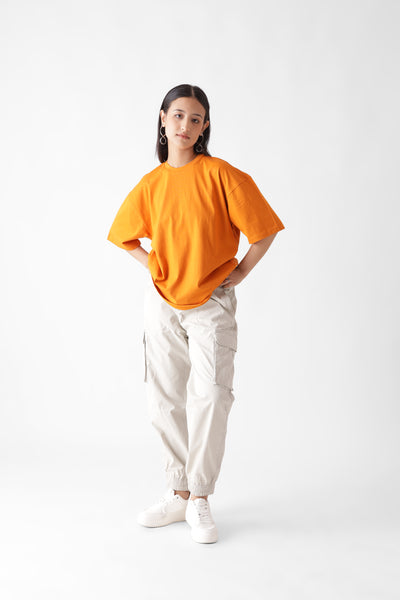 Classic oversized orange tshirt for women - front view full - unbound crew