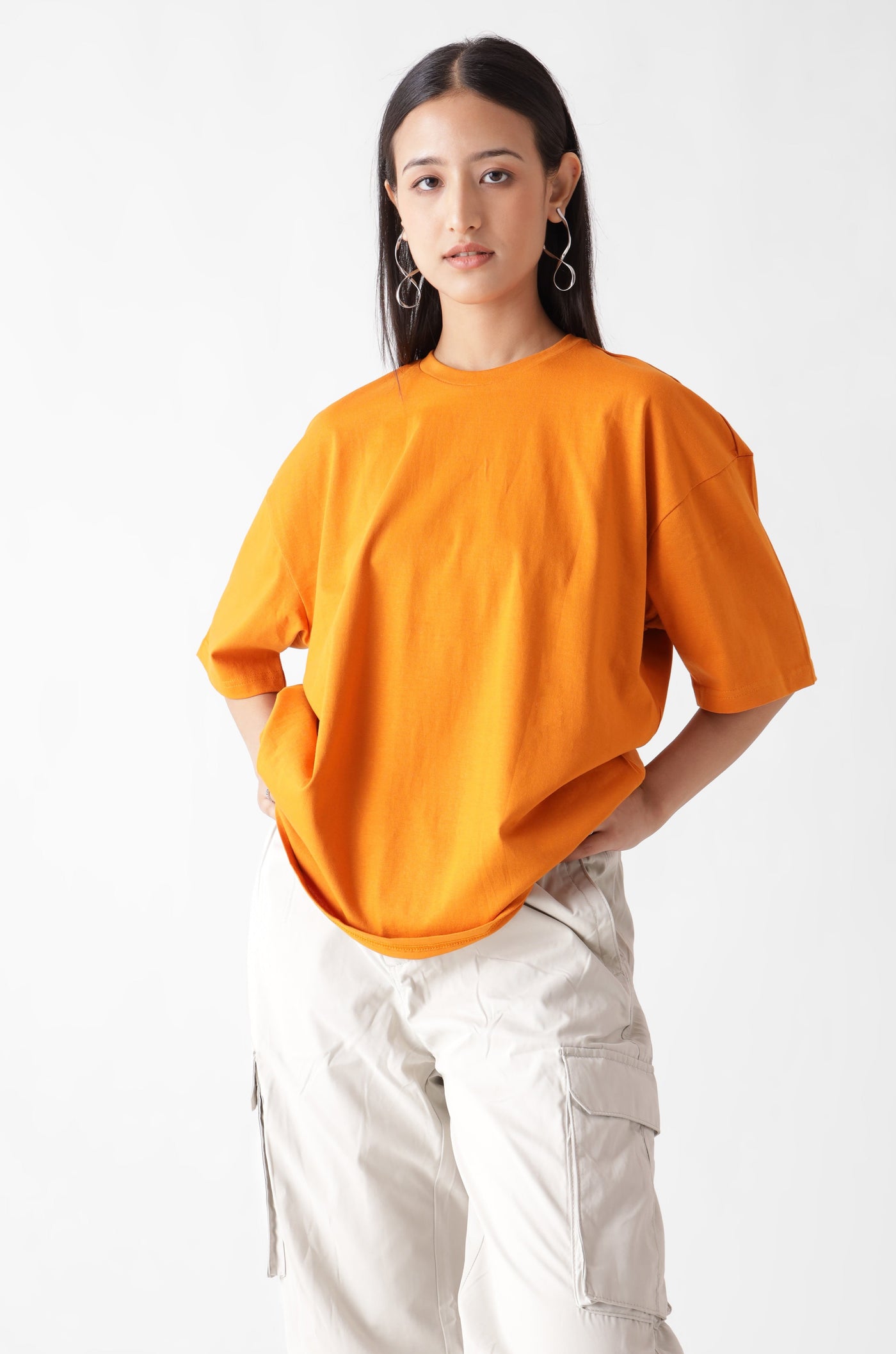 Classic oversized orange tshirt for women - front view - unbound crew