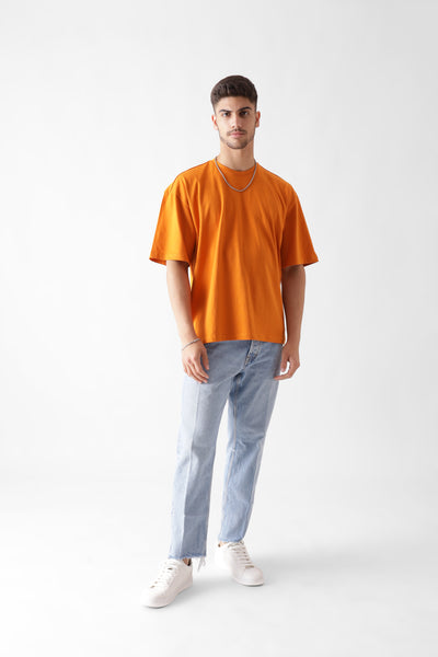 Classic oversized orange tshirt for men - front view full - unbound crew