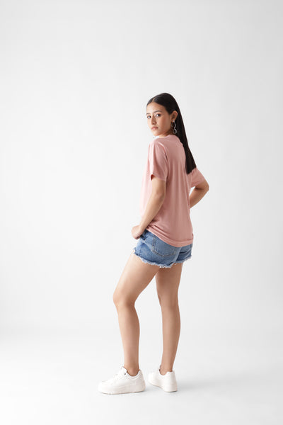 Classic half sleeve dust pink tshirt for women - side view - unbound crew