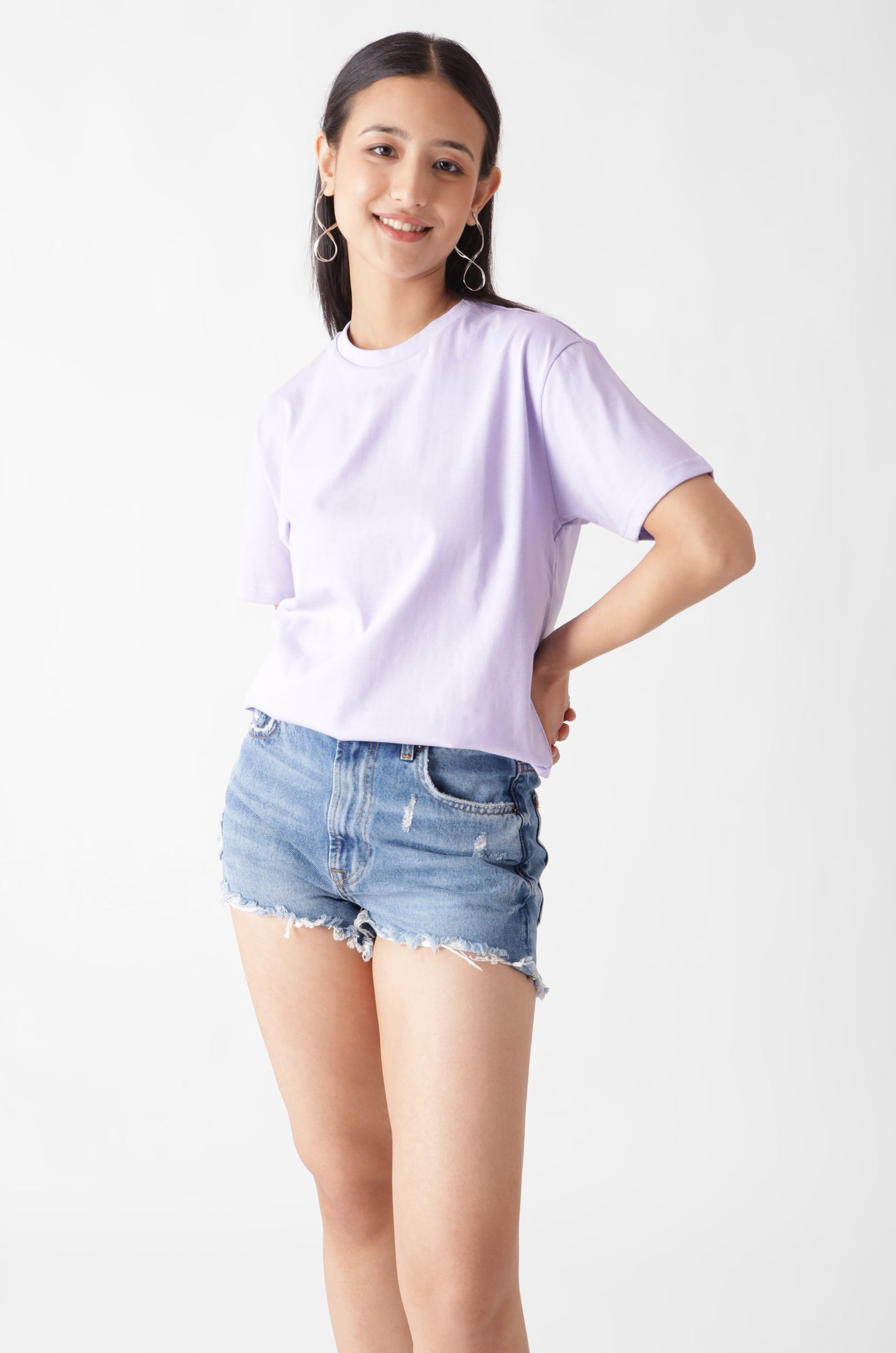 Classic half sleeve lavender tshirt for women - smiling front view - unbound crew