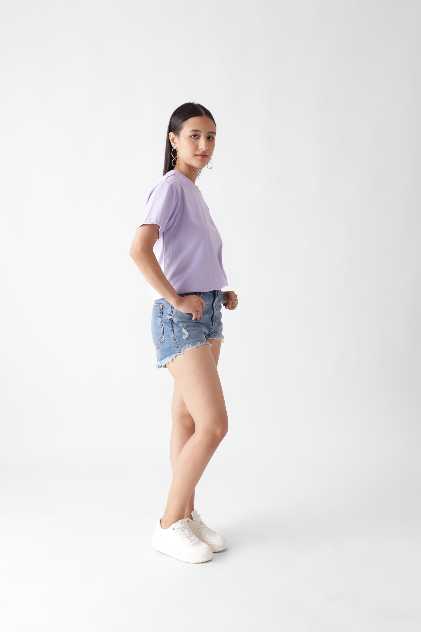 Classic half sleeve lavender tshirt for women - side front view - unbound crew