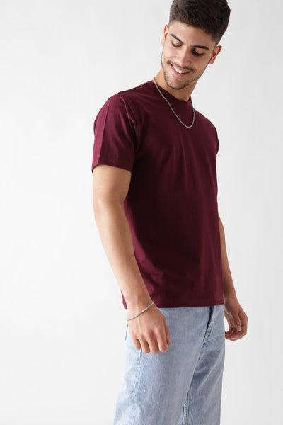 Classic half sleeve wine tshirt for men - front side view - unbound crew