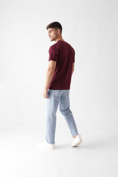 Classic half sleeve wine tshirt for men - back view - unbound crew