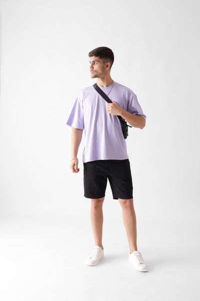 Classic oversized lavender tshirt for men - looking sideways front view full - unbound crew