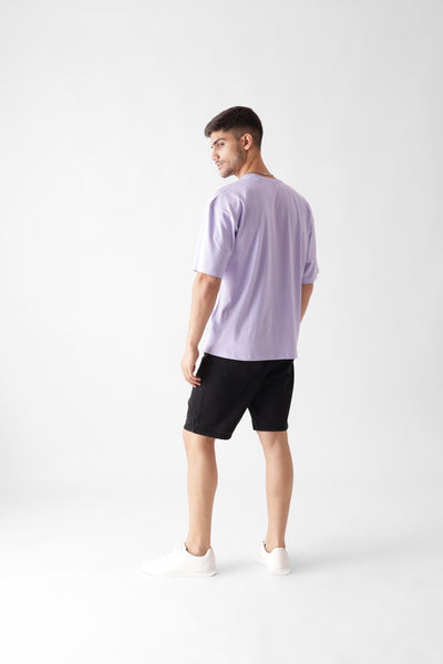 Classic oversized lavender tshirt for men - looking sideways back view full - unbound crew