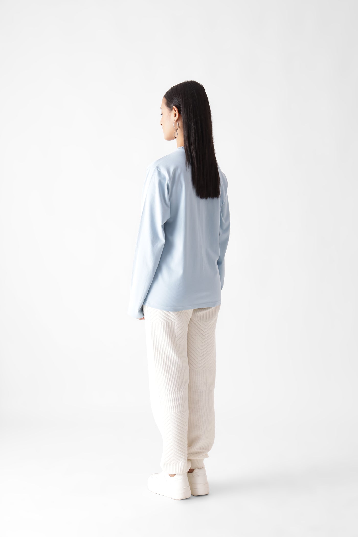 Classic long sleeve ice blue tshirt for women - back view full - unbound crew