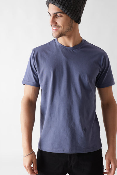 Classic half sleeve cosmic space blue tshirt for men - front view - unbound crew