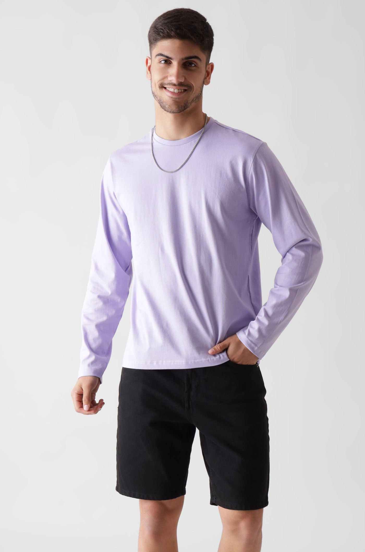 Classic long sleeve lavender tshirt for men - front view - unbound crew