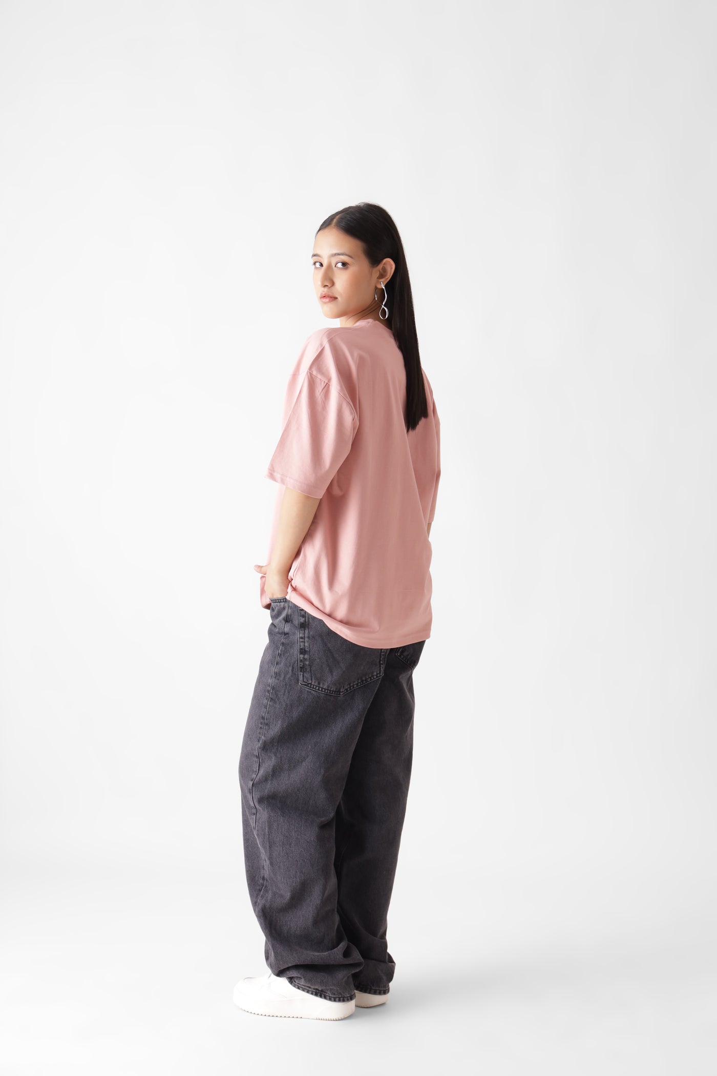 Classic oversized dust pink tshirt for women - back view full - unbound crew