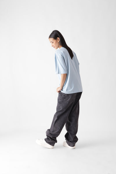 Classic oversized ice blue tshirt for women - back view full - unbound crew