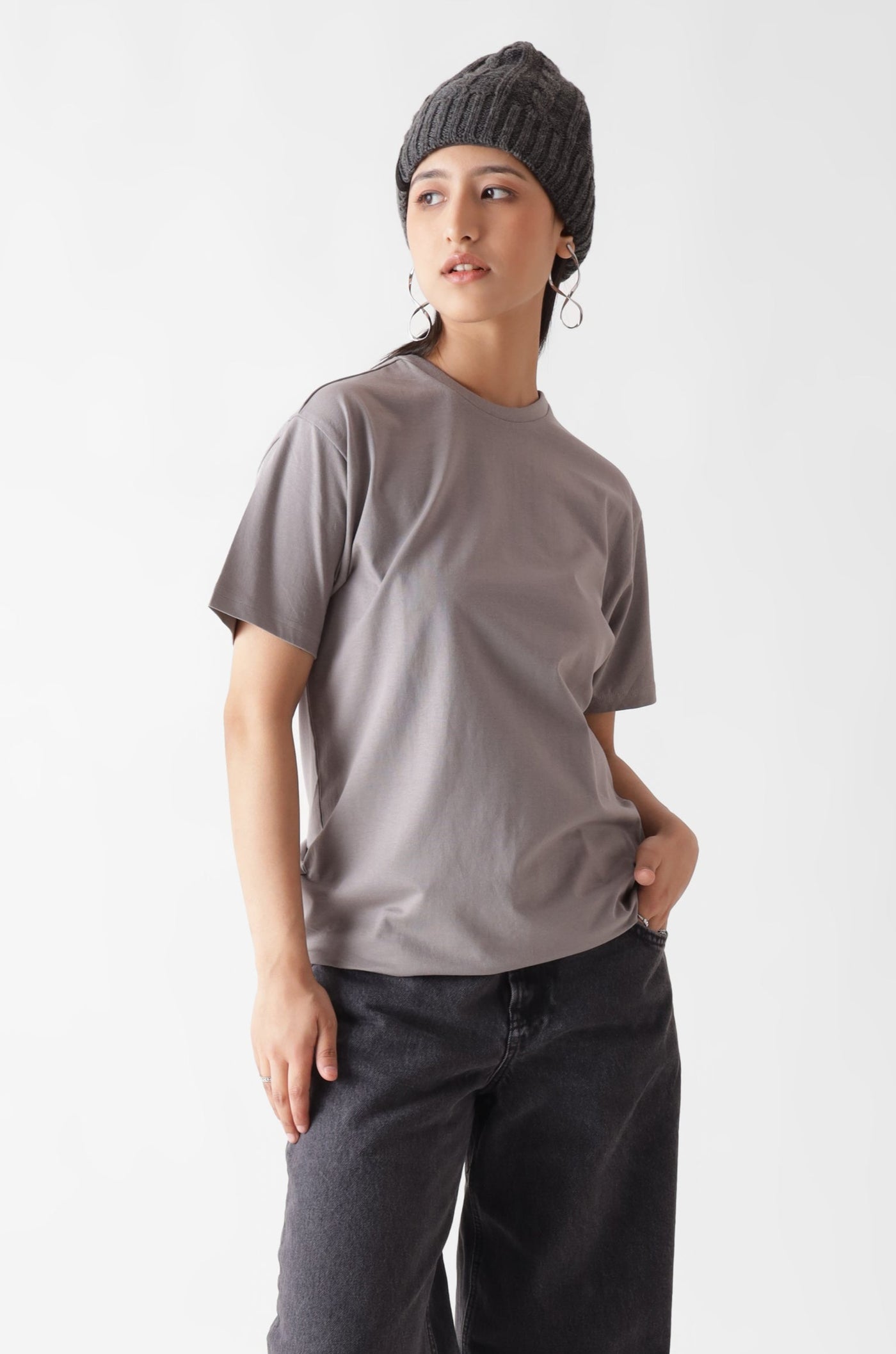 Classic half sleeve grey tshirt for women - front view full - unbound crew