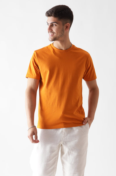 Classic half sleeve orange tshirt for men - front view - unbound crew