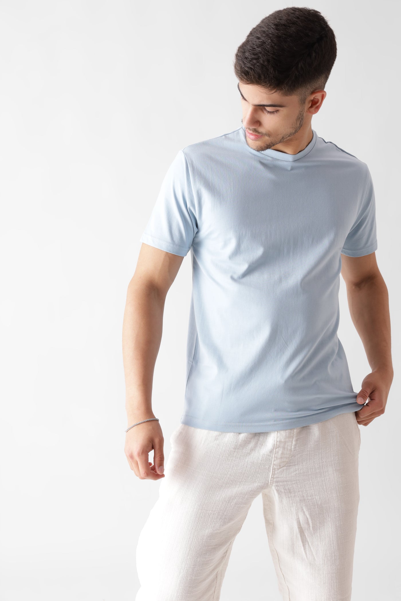 Classic half sleeve ice blue tshirt for men - looking down front view - unbound crew