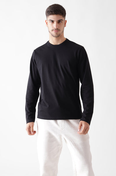 Classic long sleeve black tshirt for men - front view - unbound crew