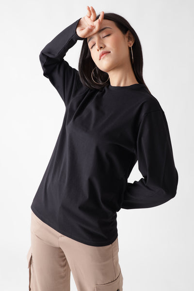 Classic long sleeve black tshirt for women - front view - unbound crew