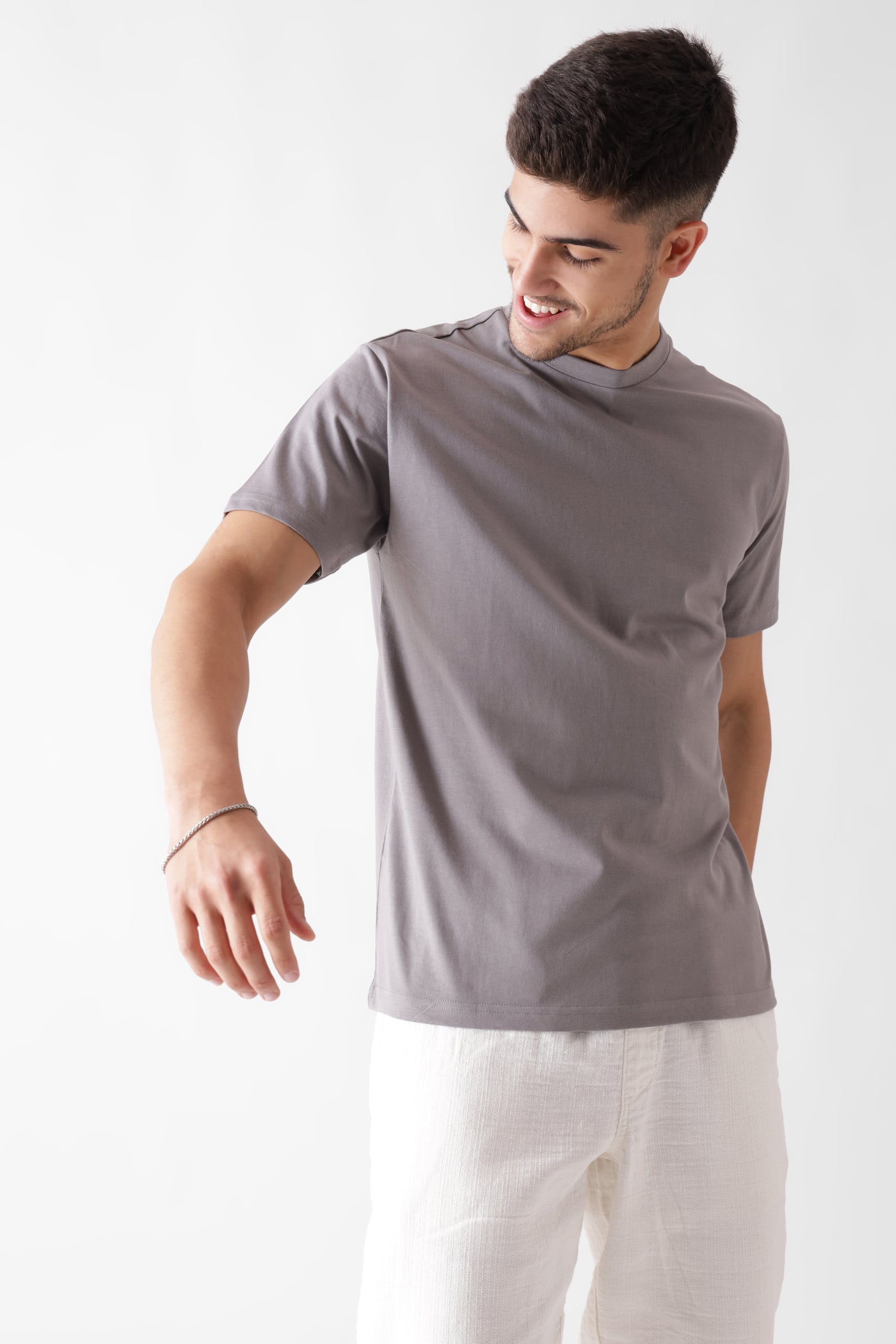 Classic half sleeve grey tshirt for men - front view full - unbound crew