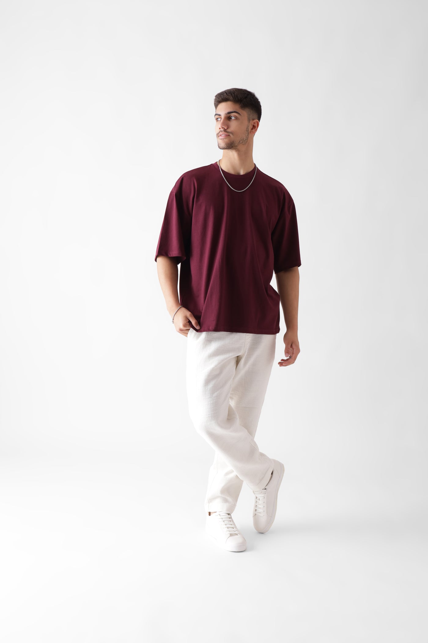 Classic oversized wine tshirt for men - front view full - unbound crew