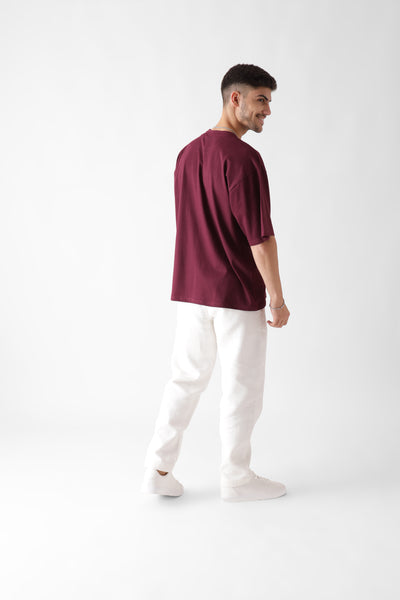 Classic oversized wine tshirt for men - back view full - unbound crew