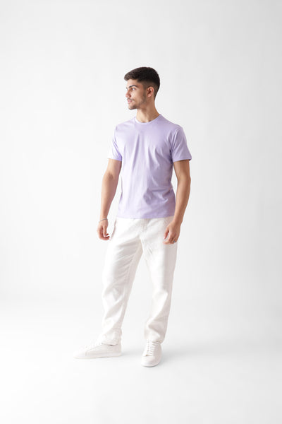 Classic half sleeve lavender tshirt for men - looking sideways front view - unbound crew