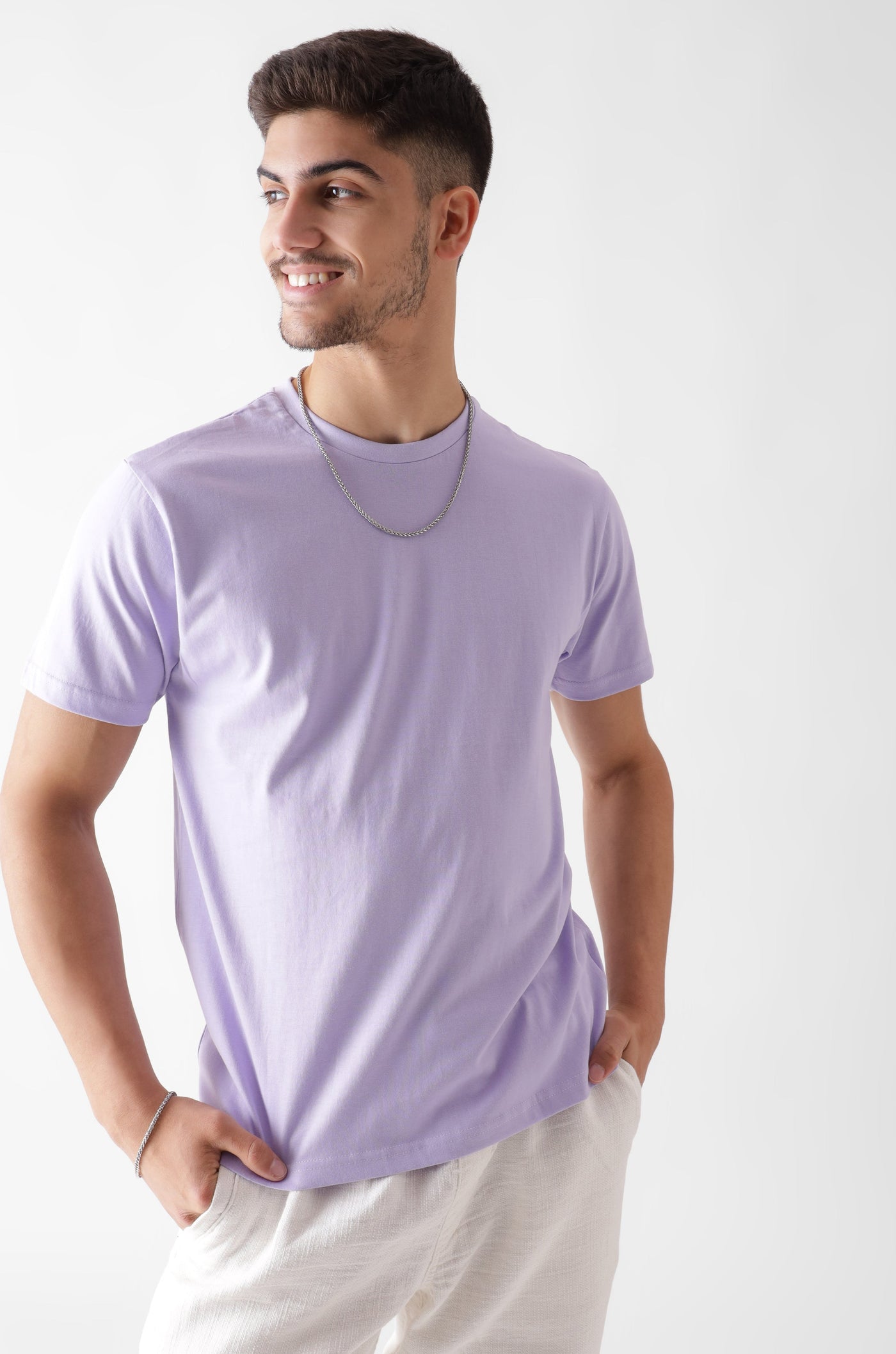 Classic half sleeve lavender tshirt for men - looking sideways front view - unbound crew