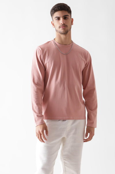 Classic long sleeve dust pink tshirt for men - front view - unbound crew