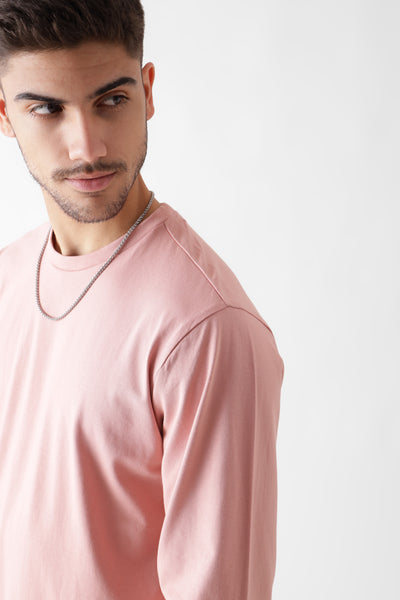 Classic long sleeve dust pink tshirt for men - close view - unbound crew