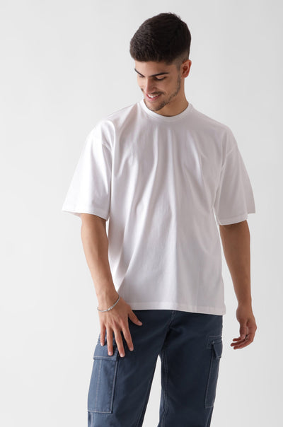 Classic oversized white tshirt for men - front view full - unbound crew