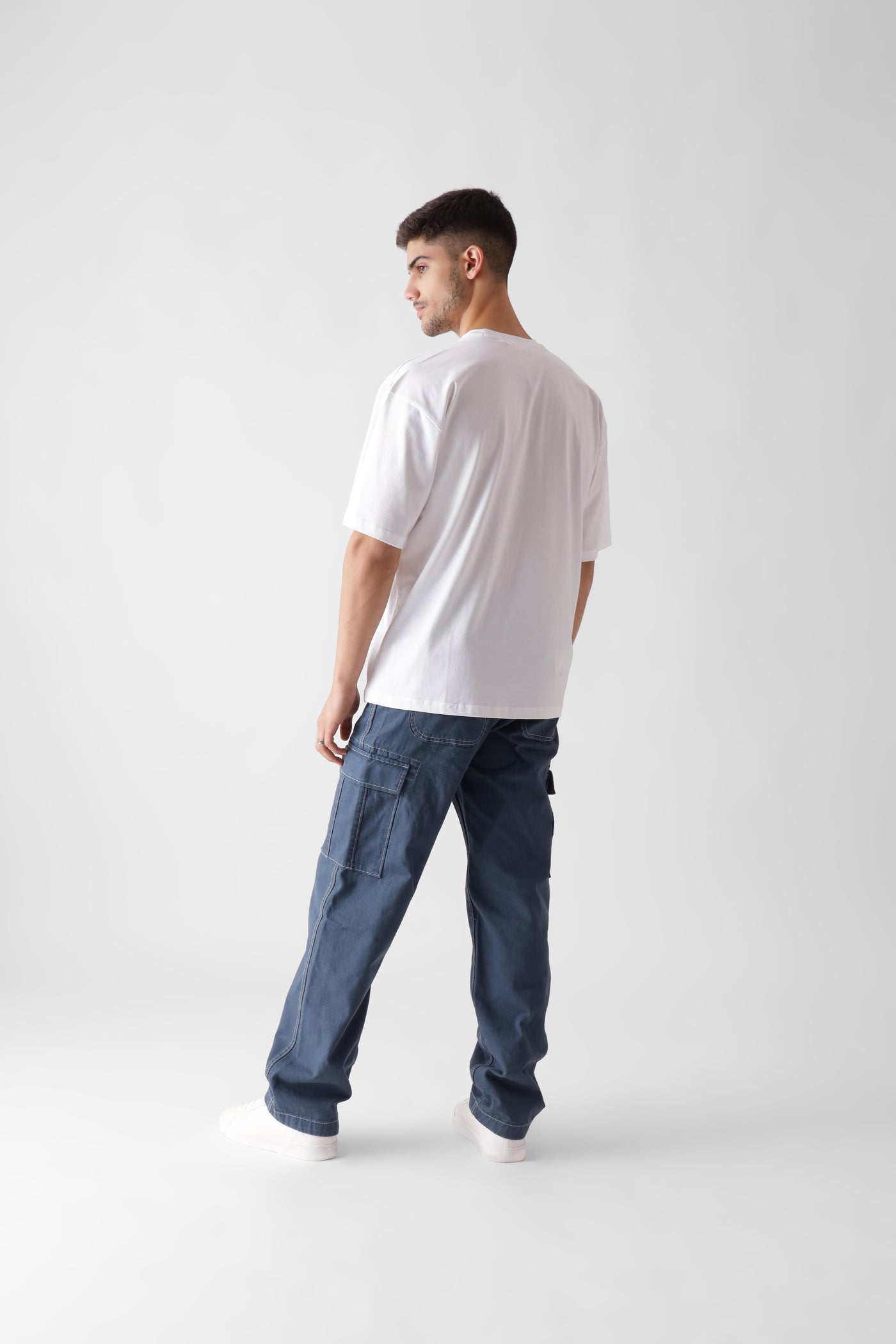 Classic oversized white tshirt for men - back view full - unbound crew