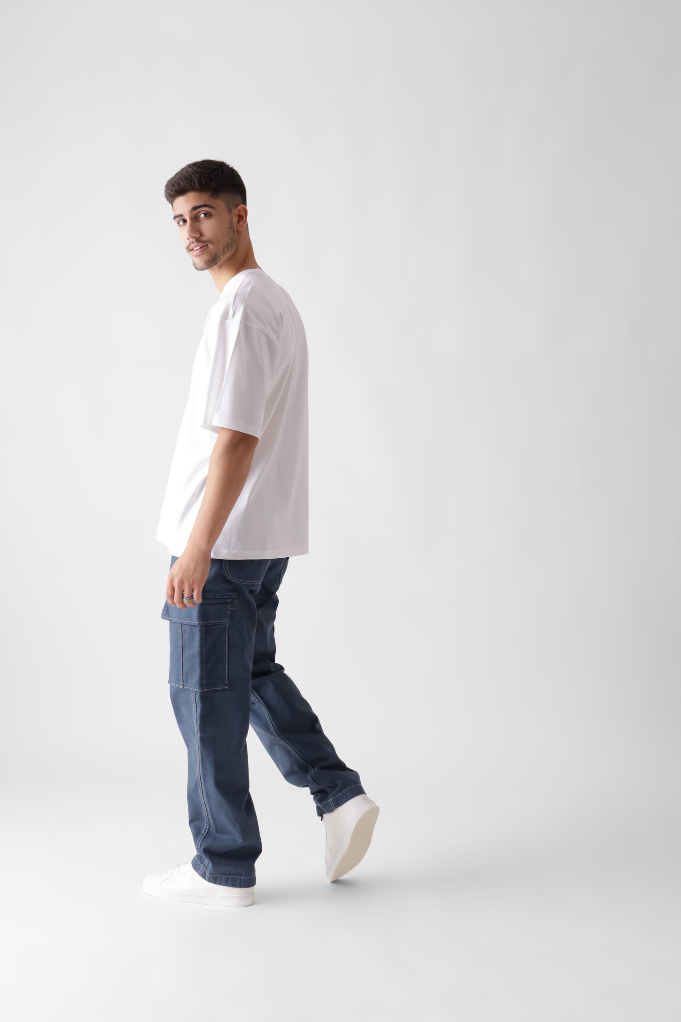 Classic oversized white tshirt for men - side view full - unbound crew