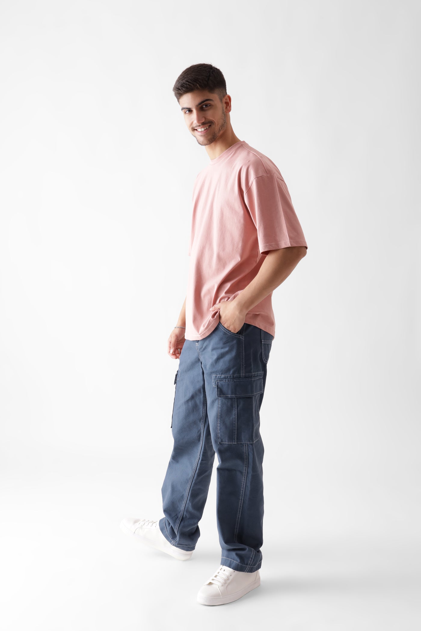 Classic oversized dust pink tshirt for men - front view full - unbound crew