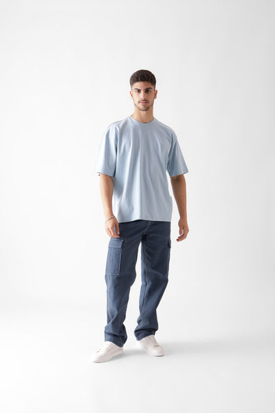 Classic oversized ice blue tshirt for men - front view full - unbound crew