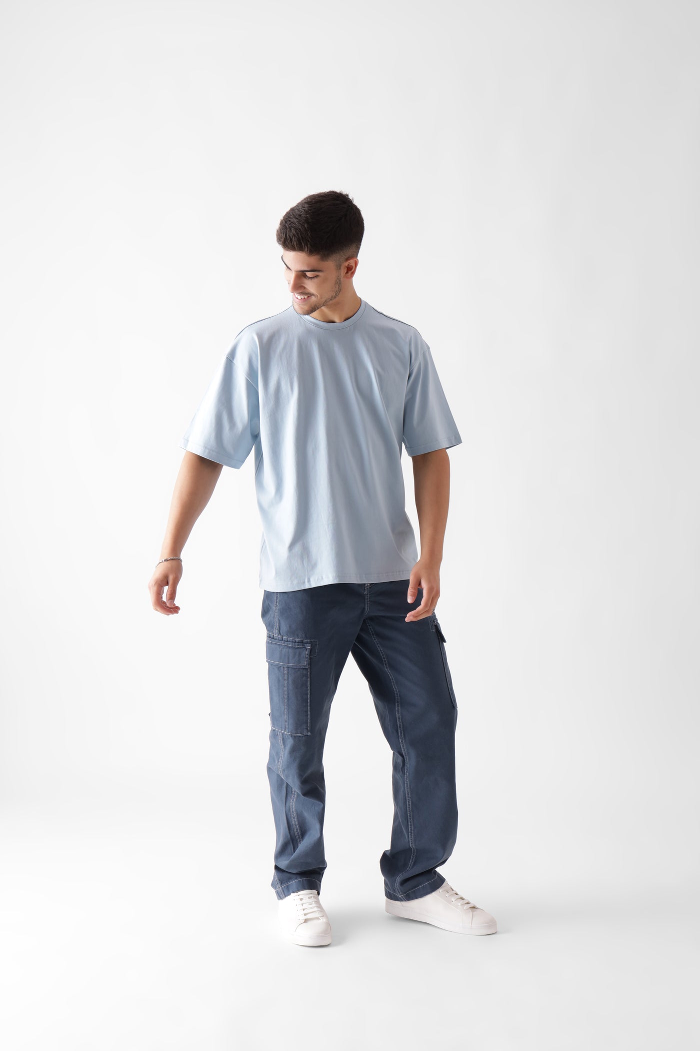 Classic oversized ice blue tshirt for men - front view full - unbound crew